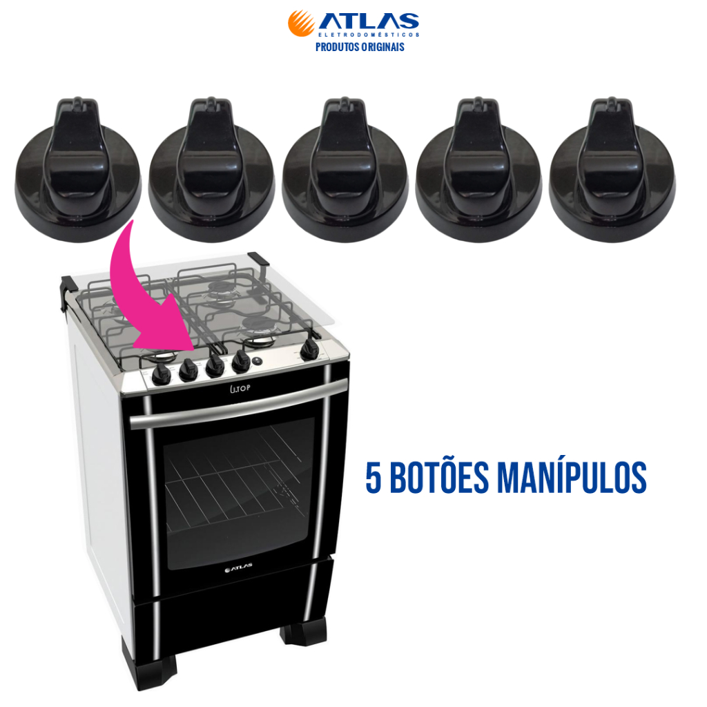 5 BOTÕES MANÍPULOS FOGÃO ATLAS UTOP ANTIGO MESA DE INOX 4 BOCAS