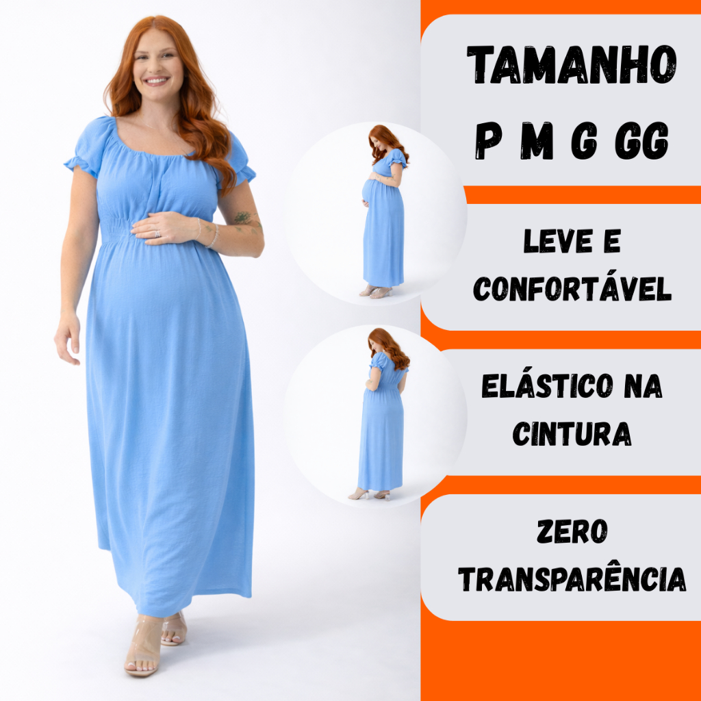 Vestido Longo Gestante Manga Curta Grávida Moda Maternidade Confortável e Elegante em Oferta na Shopee