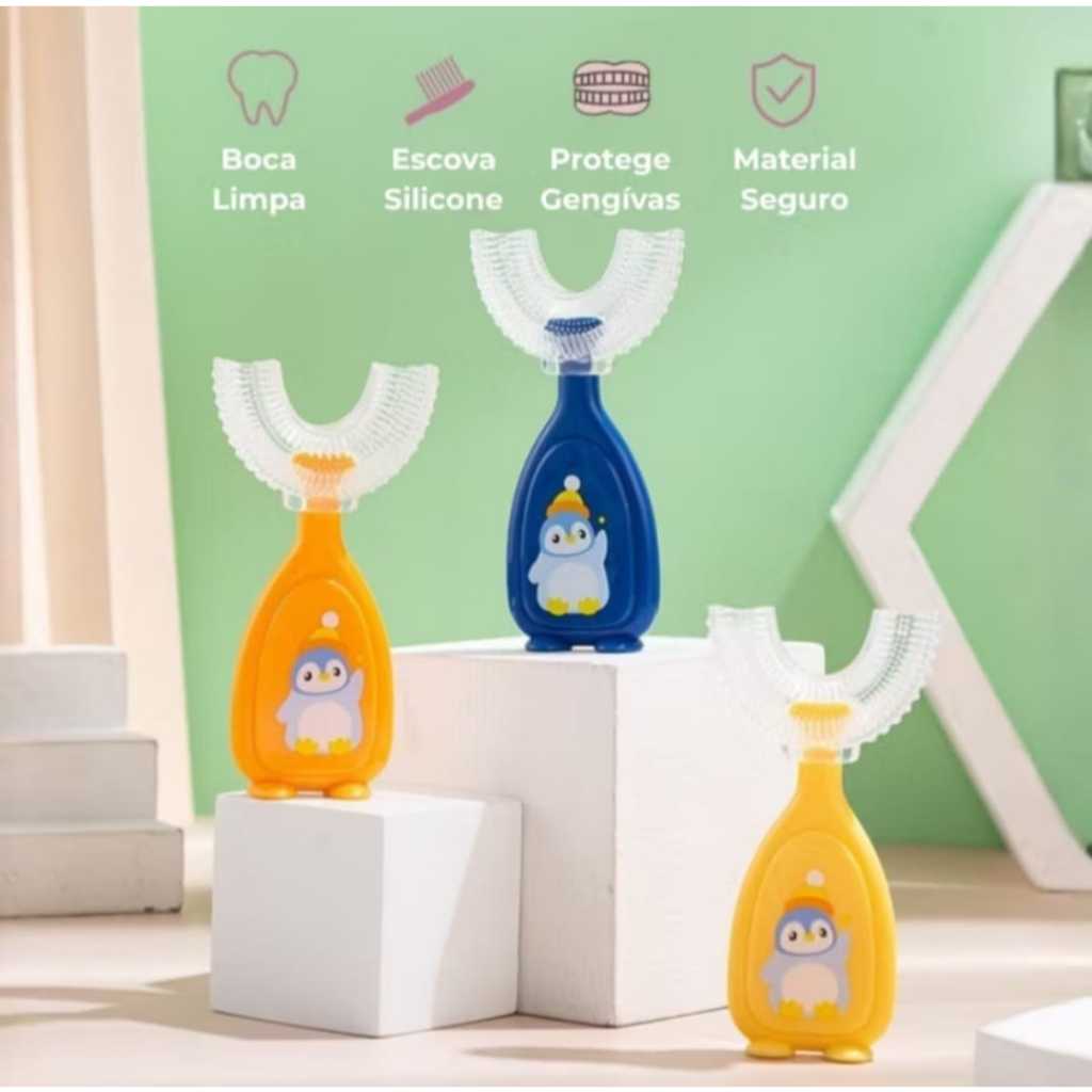 Escova Dental infantil formato U 360 silicone cerdas macias bebê criança higiene oral saude bucal