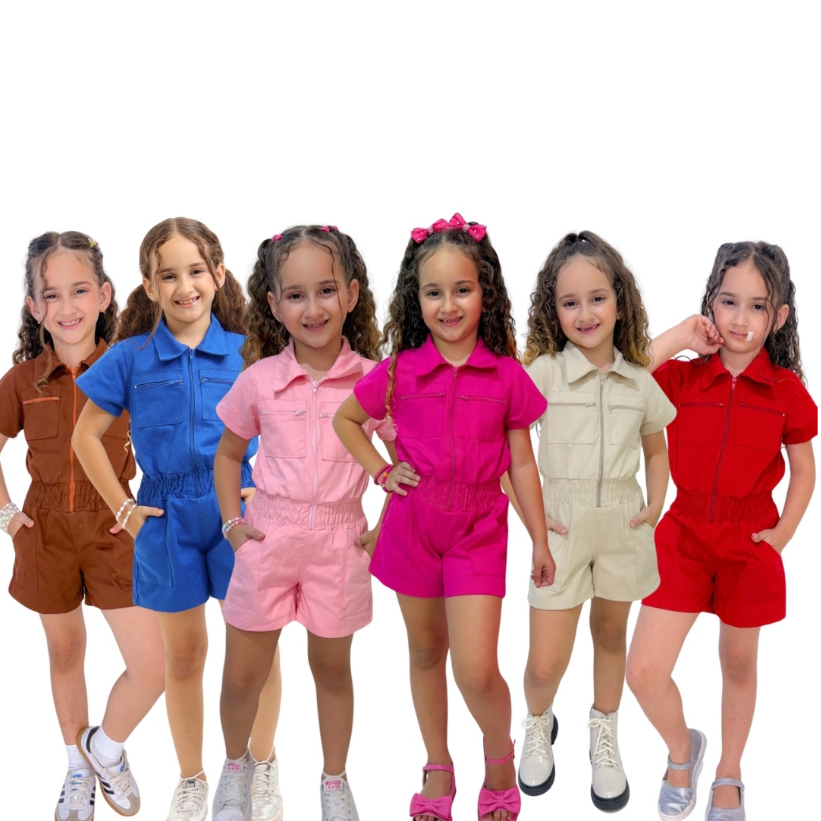 Macacão short ziper Infantil menina rosa pink  blogueirinha diva
