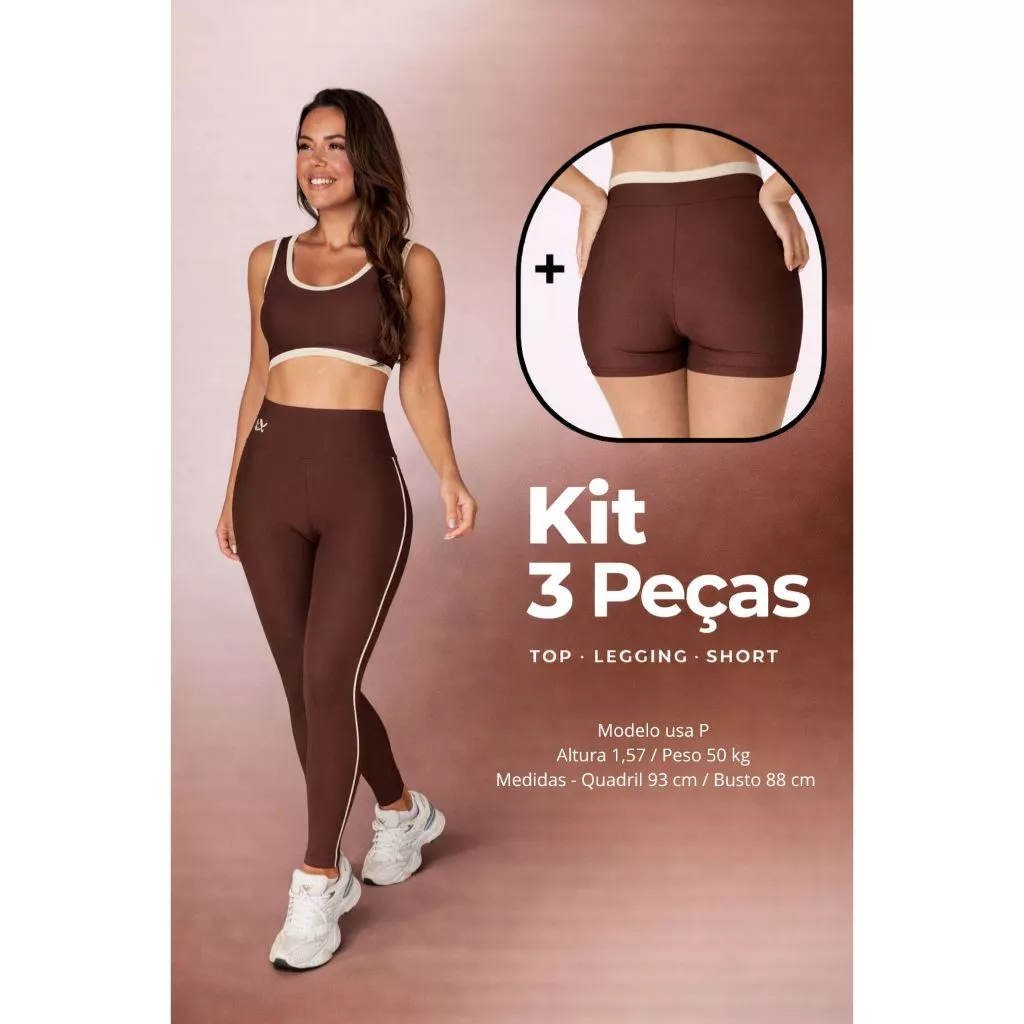 KIT 3 PEÇAS TOP, SHORTS E LEG  MARROM cor contrastante — imagem 1