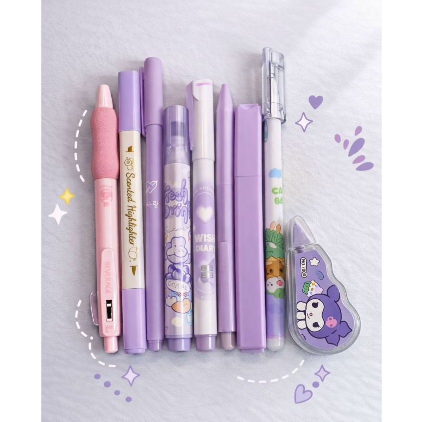 KIT PAPELARIA FOFA EM DIVERSAS CORES COM 9 ITENS / MARCA TEXTO / CANETAS / CORRETIVO