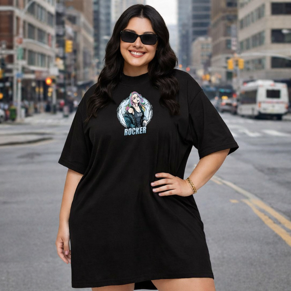 Camisetão Vestido Oversized Plus Size Algodão Preto Estilo Rock Feminino 48 ao 52 Tamanho Grande