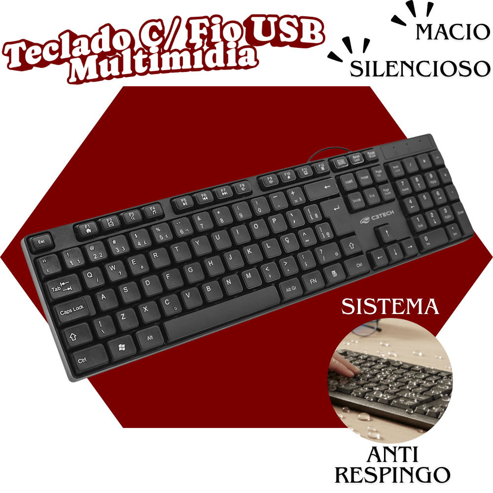Teclado Com Fio USB - Macio, Silencioso, Durável - C3Tech KB-M10BK