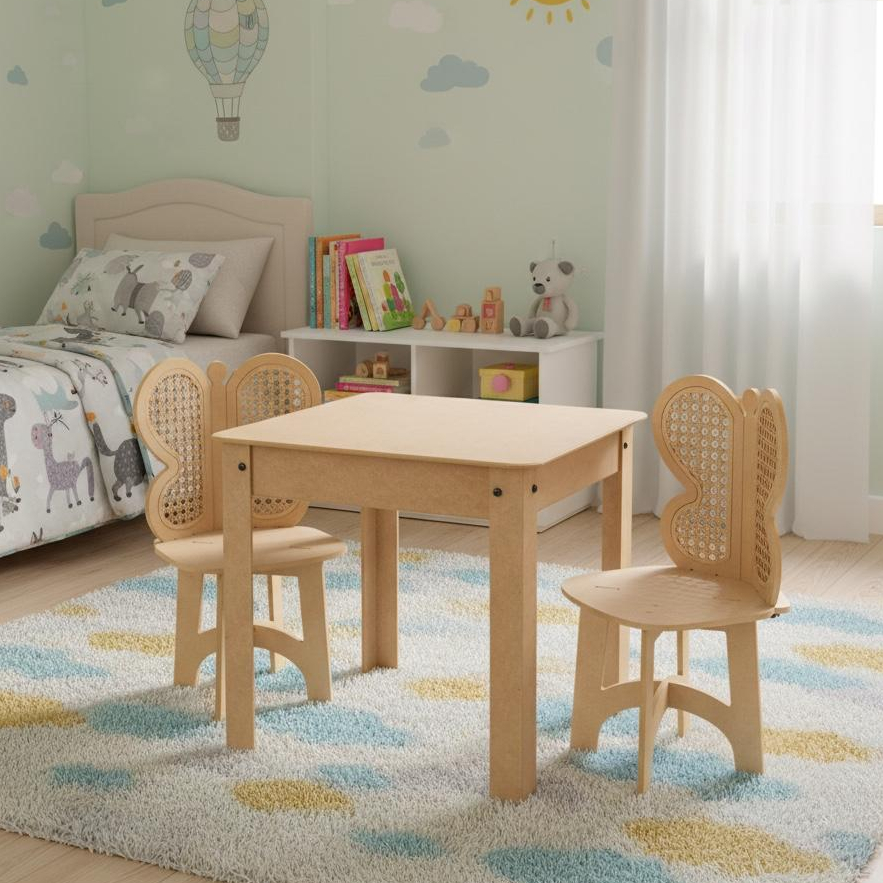 Mesinha Infantil SEM compartimento + 2 Cadeiras Borboleta Quadrada mesa criança didática
