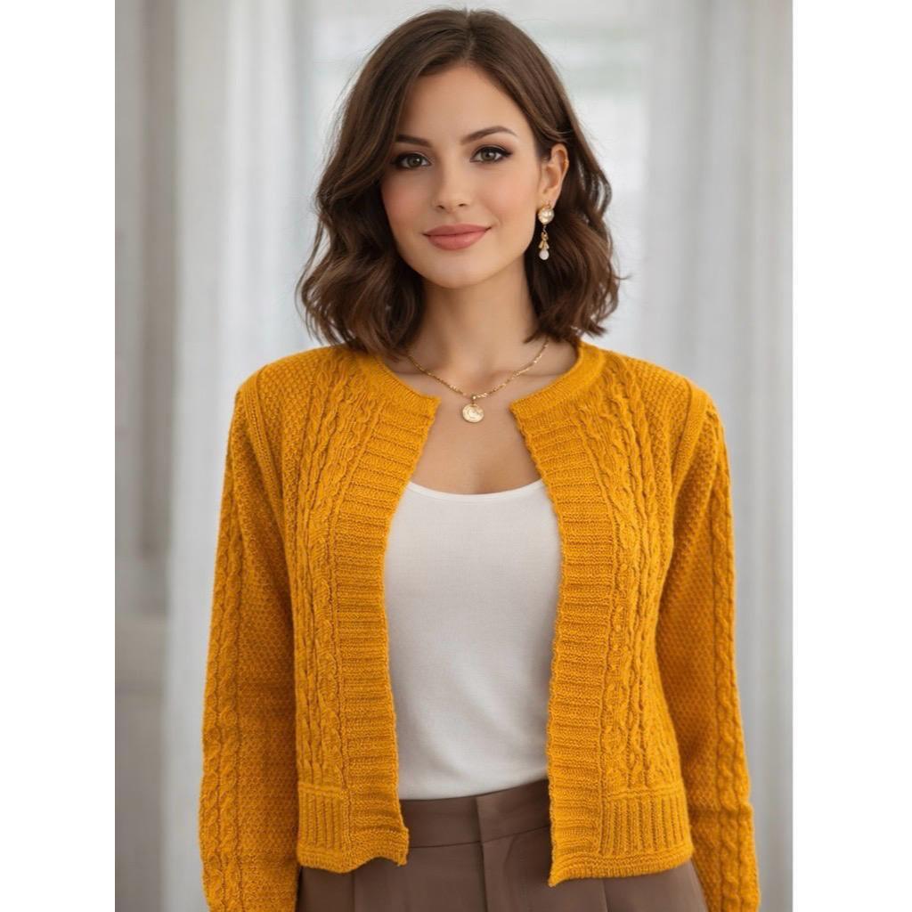 Casaco de Frio Feminino de Inverno em Tricot aberto sem Botões Trança na Manga Casaquinho Curto