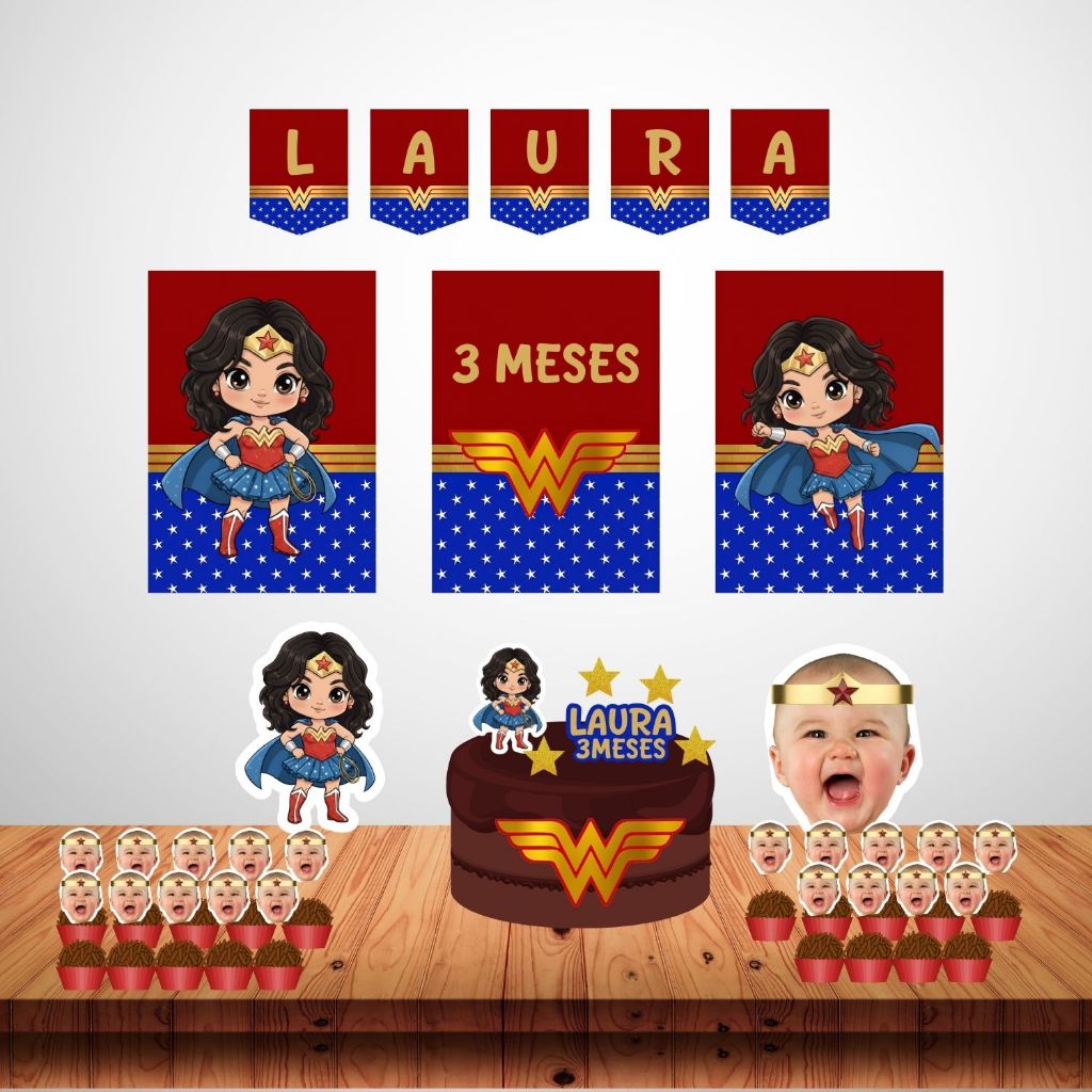 kit festa é só um bolinho mulher maravilha personalizado  mesversario aniversario