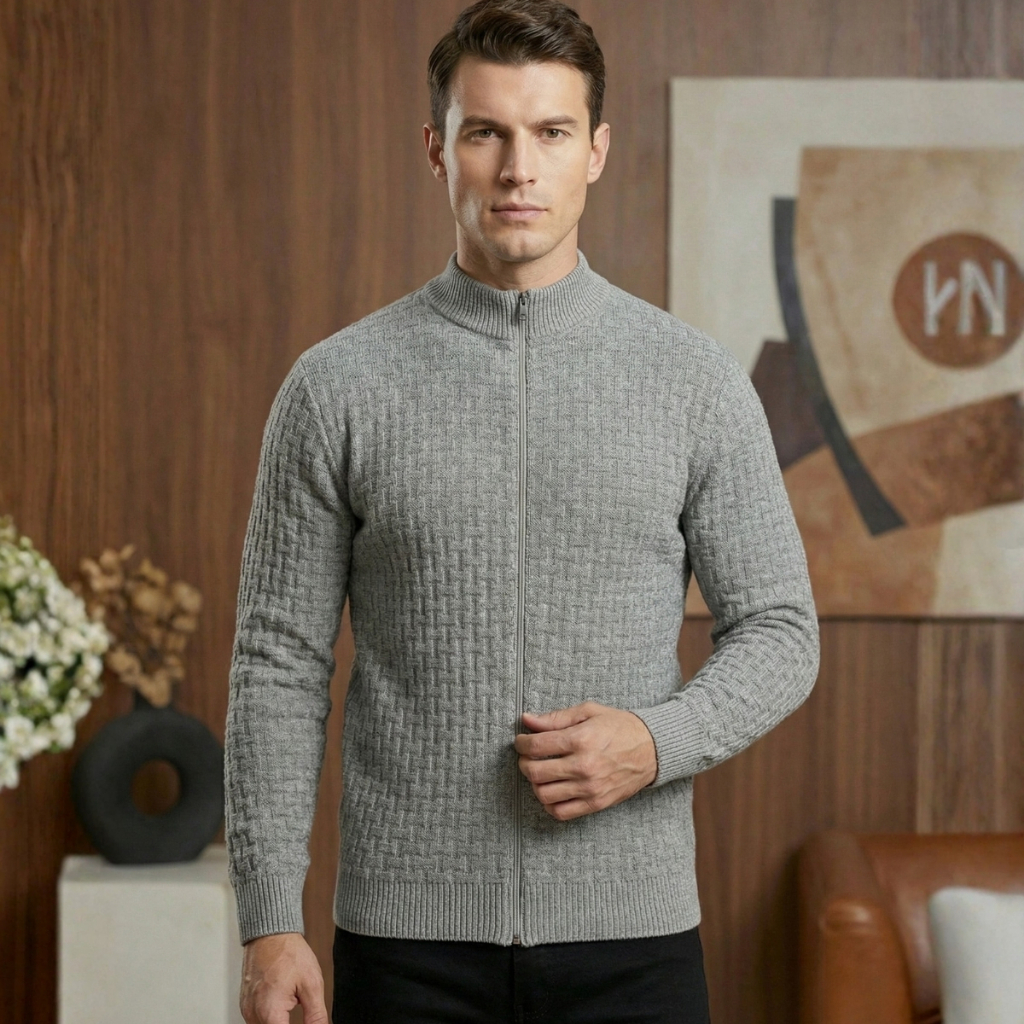 Jaqueta Tricot Masculina Com Zíper Gola Canelada Inverno Aconchegante Confortável