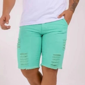 Short Jeans Verde Claro Masculino Bermuda Masculina Short  Verde Claro Com Rasgos 100% Algodão Luxo