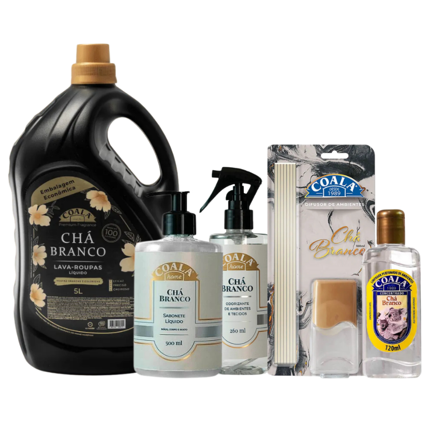 Kit Completo Coala Laundry Chá Branco 5 Produtos Essenciais para Casa, Limpeza, Perfume e Bem-Estar