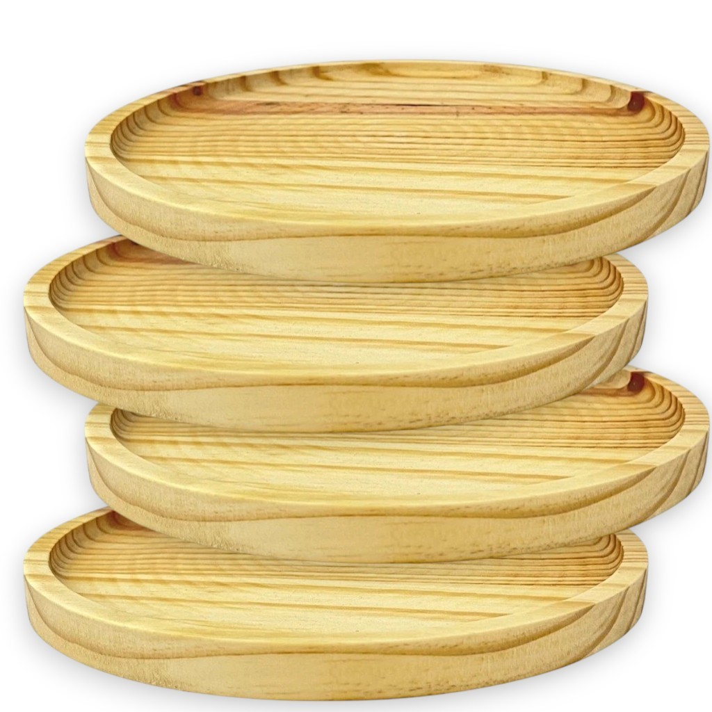 Kit 4 Bandejas Petisqueira Redonda Prato Servir Madeira Pinus 27cm