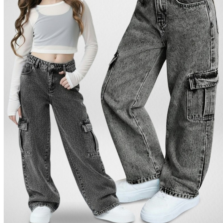 Calça Wide Leg Cargo Marmorizada Black com Bolso Meninas Pantalona Preta Grafite 4-16 Moda Regulagem