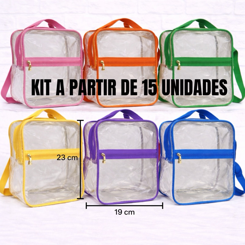 KIT COM 15 20 25 30 35 40 45 50 55 60 - MOCHILAS TRANSPARENTES com ZÍPER E Alça regulável Feita em Plástico Cristal