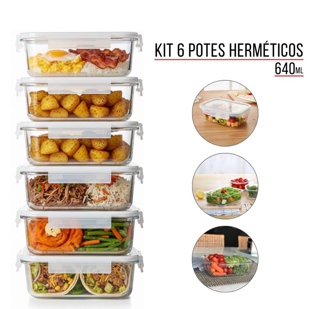 Kit 4, 6 ou 10 Pote Hermético de Vidro 640ml Marmita Mantimentos Fitness Premium Tampa 4 Travas