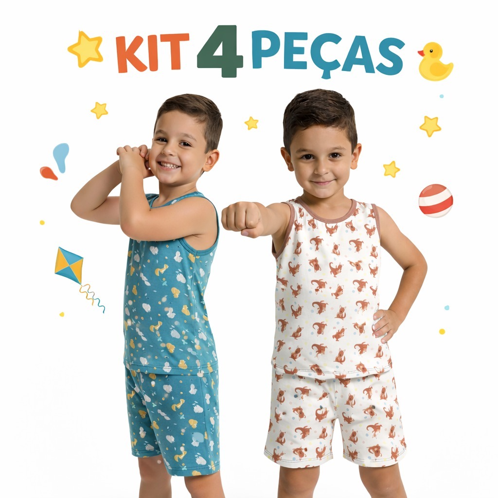 Kit 4 Peças Pijama Infantil Masculino Estampado Regata Short e Blusa 2 a 10 Anos