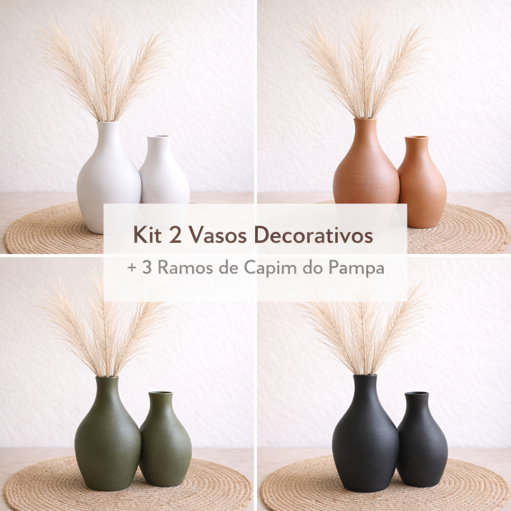 Kit 2 Vasos Decorativos 15cm e 13cm + Capim do Pampa Artificial - Elegante e Clássico - Cores Diversas