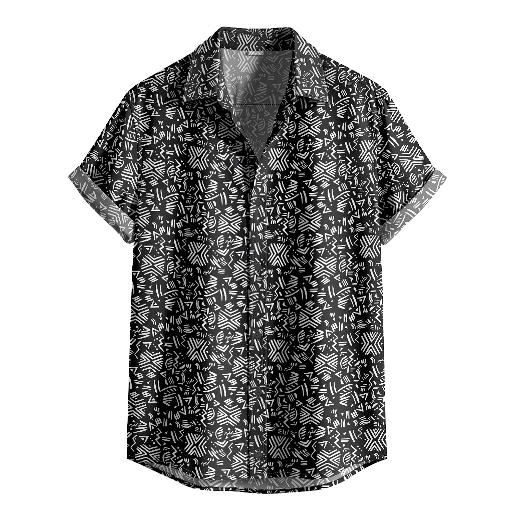 Camisa De Botão Preta E Branca Tribal Geométrica Étnica – Street Style [Ref-356]