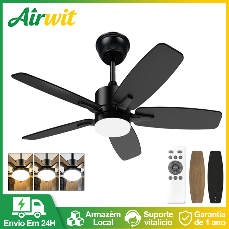 Ventilador De Teto Controle Remoto Inverter DC 5 Pás 42" Madeira Silencioso 6 Velocidades LED 3 Cores Moderno Casa