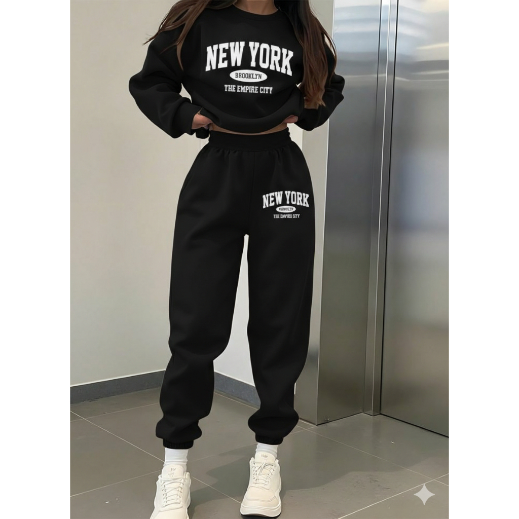 Conjunto Moletom Feminino New York Calça Jogger e Blusa de Frio Inverno Blogueira Flanelado