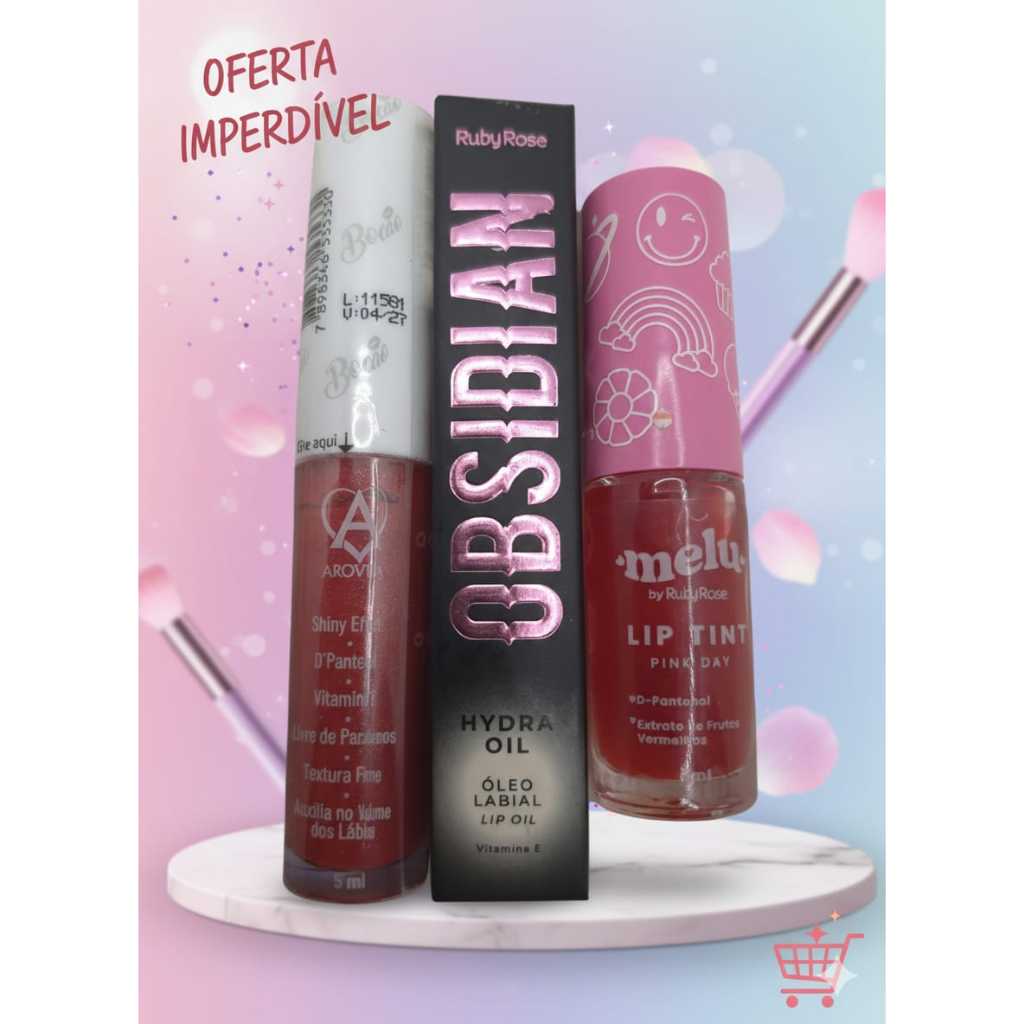 Lip Tint Melu + Gloss Bocão Arovida + Lip Oil Obsidian Ruby Rose  Kit Lábios Irresistíveis