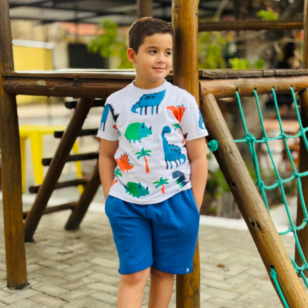 Conjunto Infantil Masculino Menino Dinossauro Camiseta Branca e Short Azul Confortável