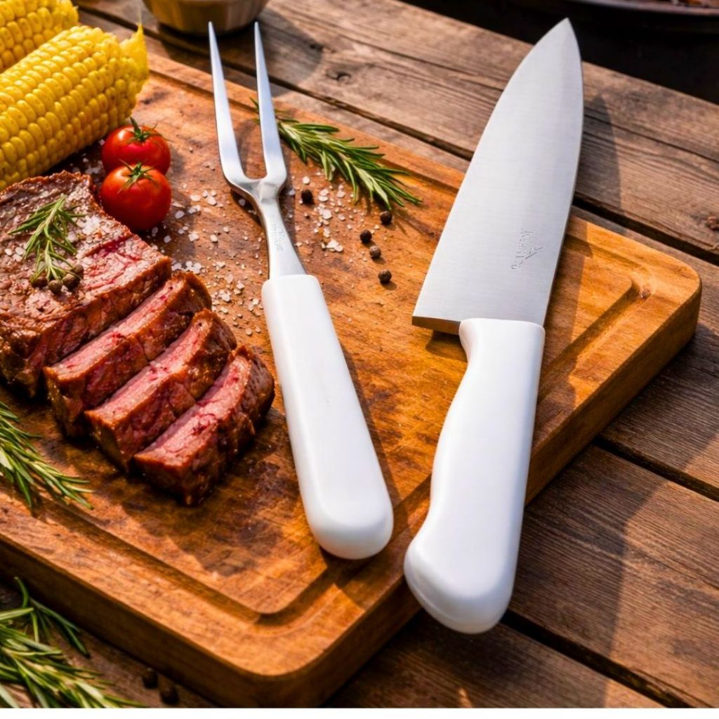 Kit Churrasco Garfo e Faca Para Churrasco + Garfo Churrasco Inox Cabo Branco - Alta Qualidade