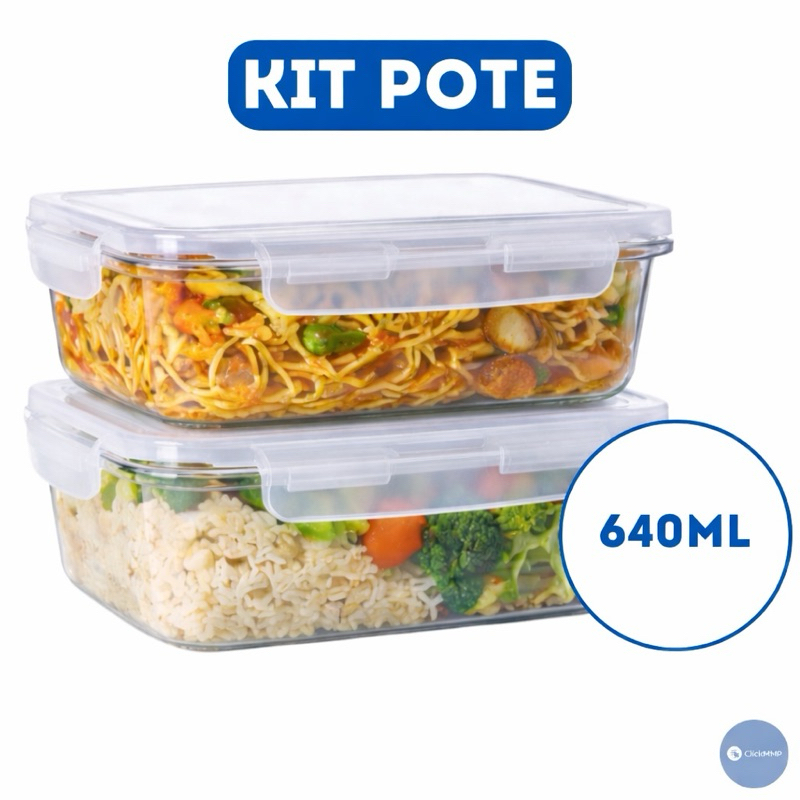 Kit 2 Potes Herméticos De Vidro Premium Resistente 640ml 4 Travas Ideal Para Marmitas Não Vaza em Oferta na Shopee