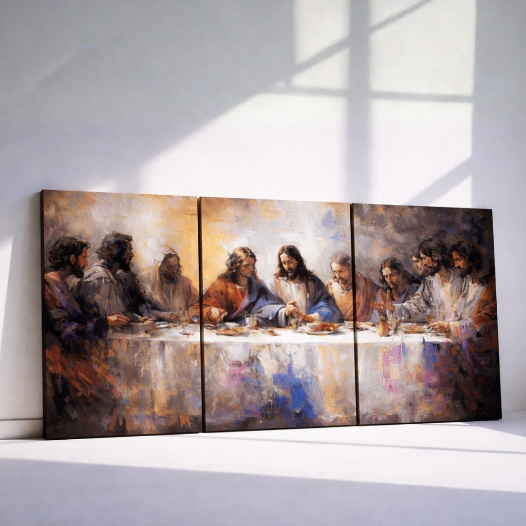 Quadro Decorativo Última Ceia Jesus Cristo Apóstolos Eucaristia Religioso Kit 3 peças Sala Parede