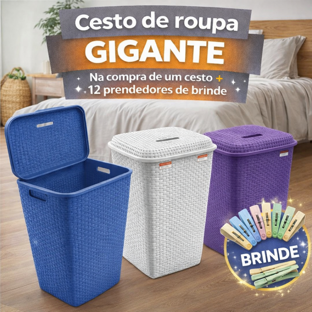 1 Cesto Para Roupa Suja Rattan 72 Litros Retangular Com Tampa Lavanderia Quarto + 12 Prendedores