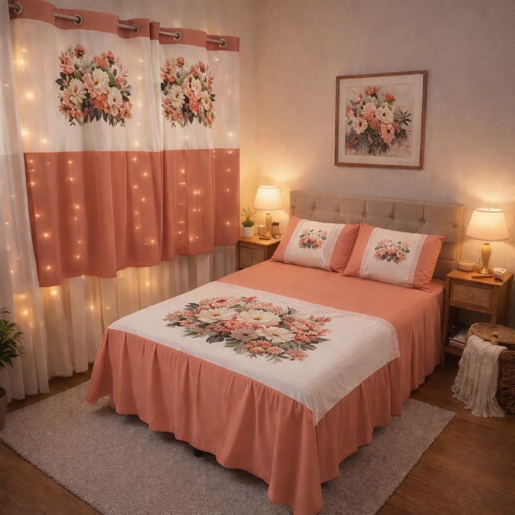 kit de quarto casal floral 5 peças, colcha com babado medindo 2.45m x 2.50m e duas cortinas para janela — imagem 2 de 2