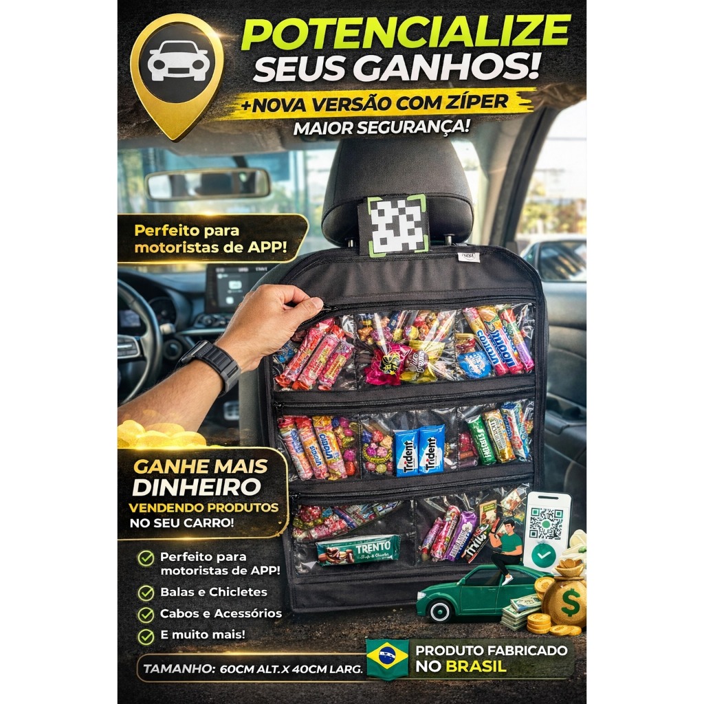 Organizador para Motorista UBER/99/INDRIVER Porta objetos Veicular/Carro ajustável/pendurável Em TELA ou COM ZÍPER