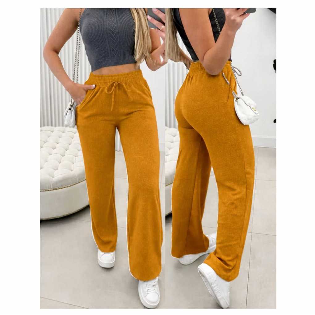 Calça Pantalona Feminina Cintura Alta com Bolso - Tecido Lanzinha que Estica