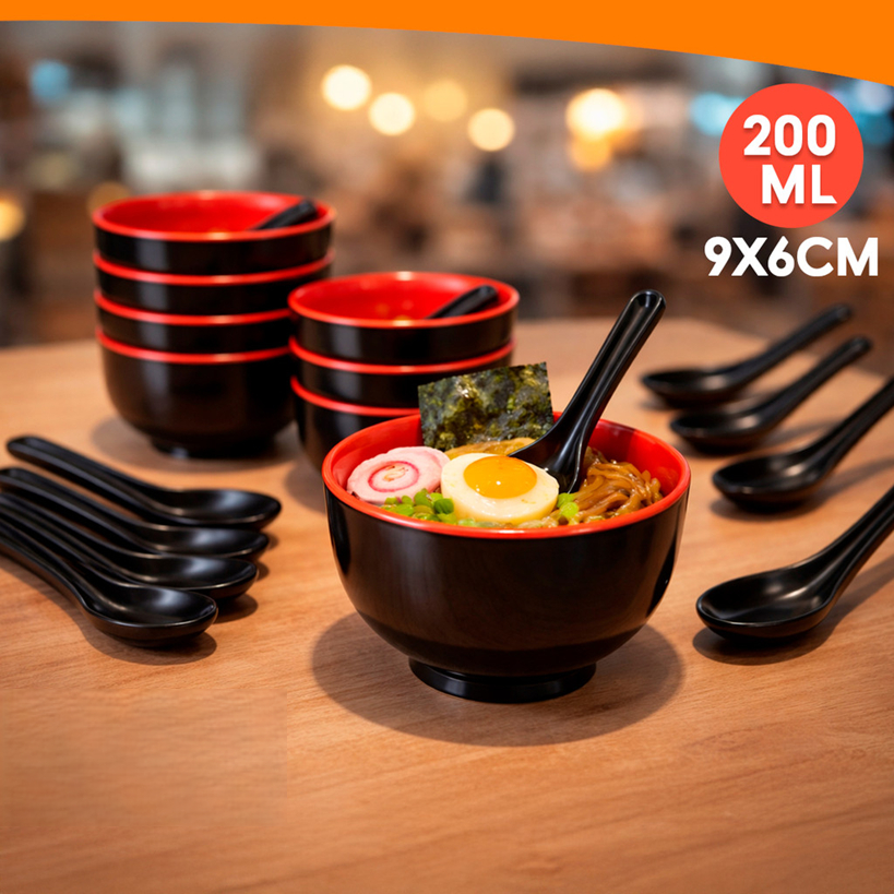Tigelas Melamina Com Colher Bowl Oriental Preta 200ML Japonês Restaurante Profissional 9x6CM