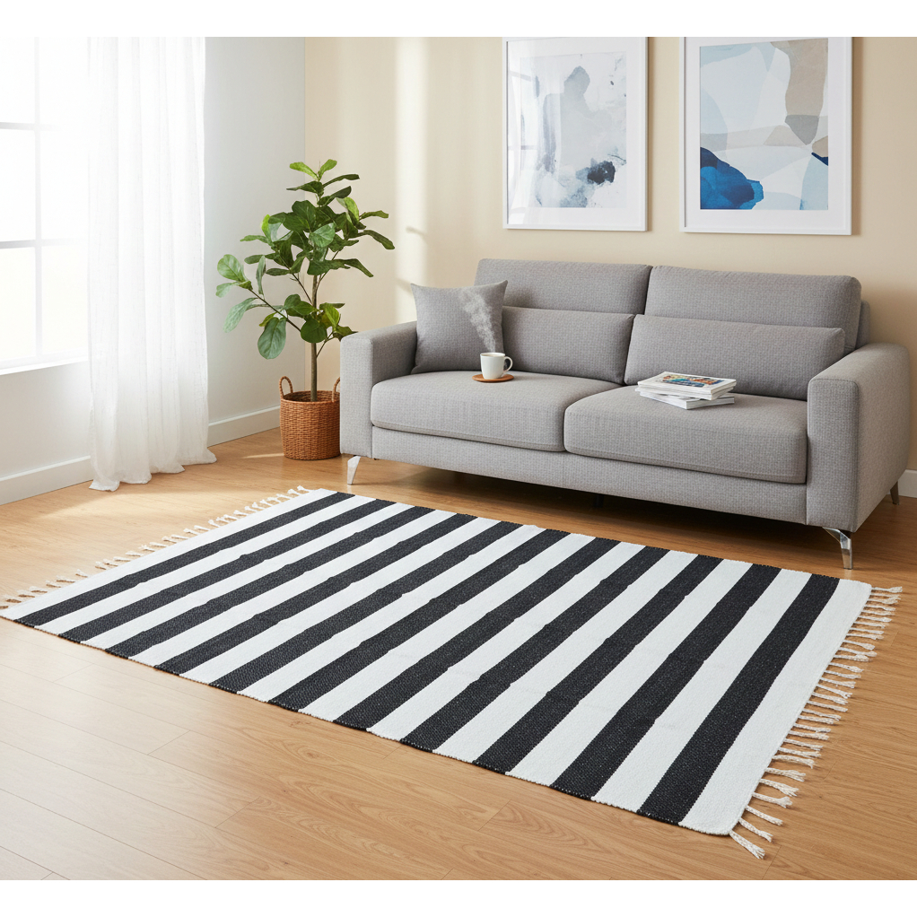 Tapete Sala Preto E Branco Listrado Grande 1,50 X 2,00 Malha em Oferta na Shopee