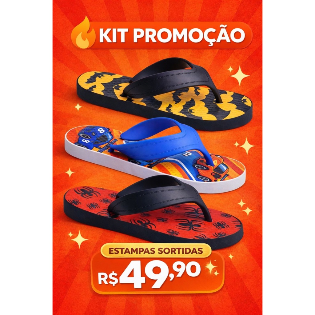 Kit 3 Pares Chinelo Masculino Infantil Sortidos de Personagens Menino Leve Confortável Zero123