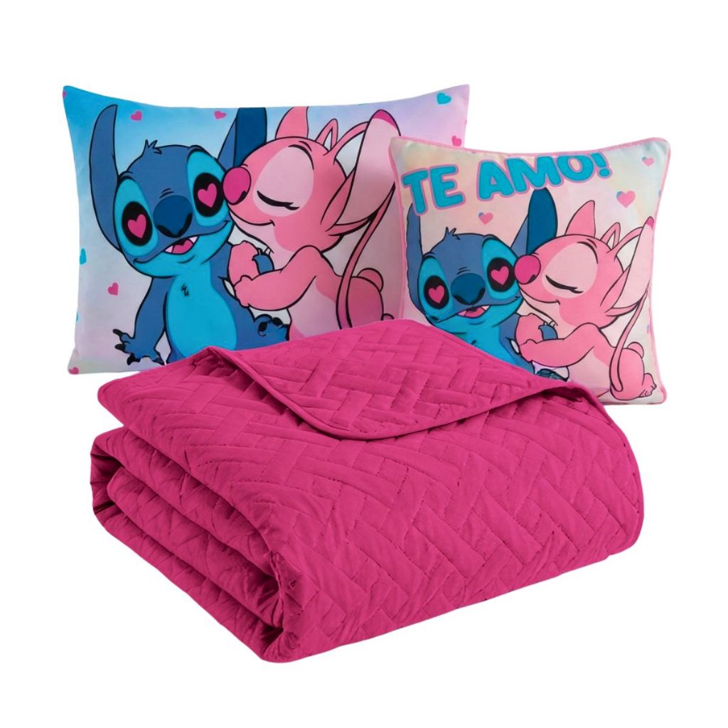 Colcha Cobre Leito Roupa Cama Edredom Solteiro 5 Pçs Matelado Simples Stich Pink Quarto Menina Macio