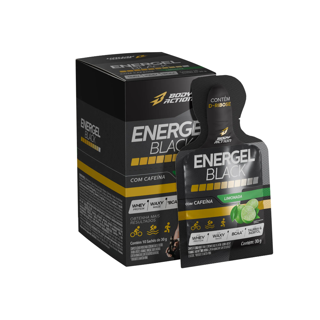 Carbo Gel com cafeína Energel Black - Body Action - Display com 10 sachês de 30g