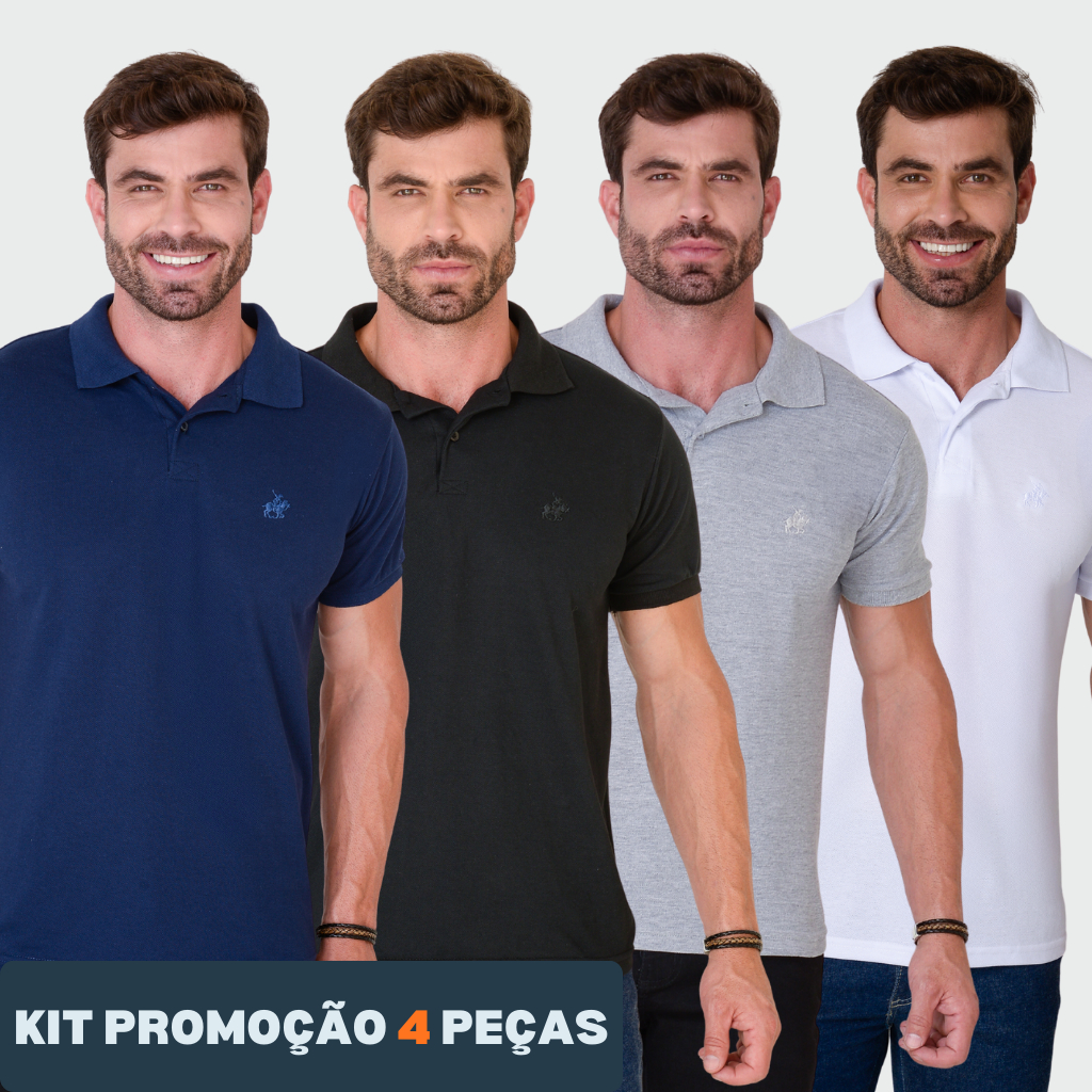 Kit 4 Camisetas Gola Polo Masculina Básica Piquet com Borbado Confortável Versátil Leve Respirável