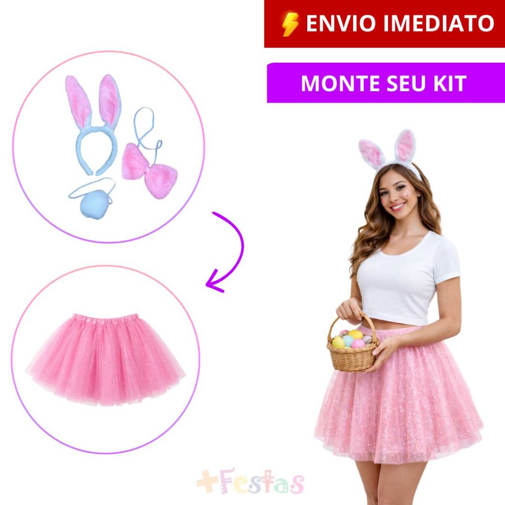 Fantasia Coelhinha da Páscoa Acessórios Tiara Orelha Pelúcia Rabinho Gravata Cosplay -60% OFF