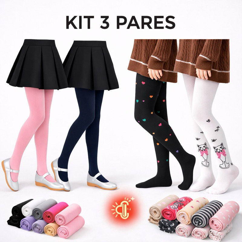 Kit até 3 Meia Calça Infantil Inverno Feminina Grossa Térmica Menina Quentinha