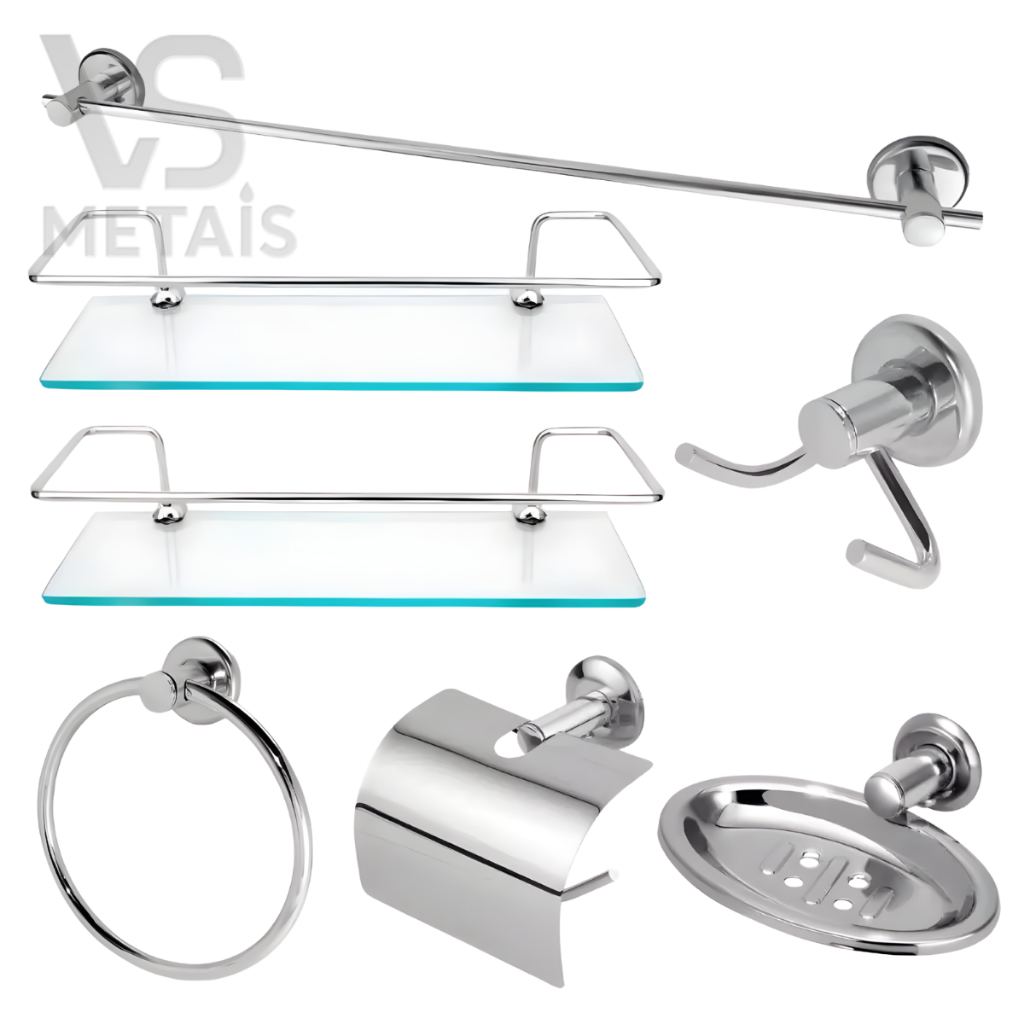 Kit Acessórios Para Banheiro Aço Inox 5 Peças + 2 Porta Shampoo Vidro Reto em Oferta na Shopee