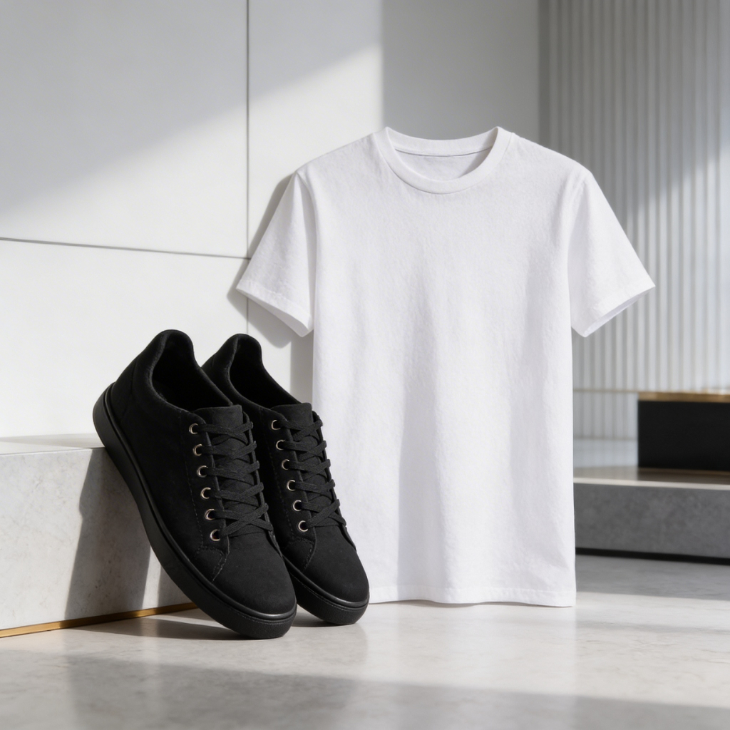 Kit Masculino / Unissex Tênis Casual Preto + Camiseta Básica Branca Conforto e Estilo