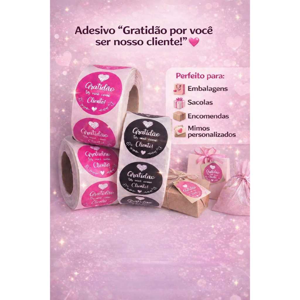 Kit 500 Etiquetas Pink ou Preto Adesivo - Gratidão Ter Você Como Cliente - Redonda 4 Cm