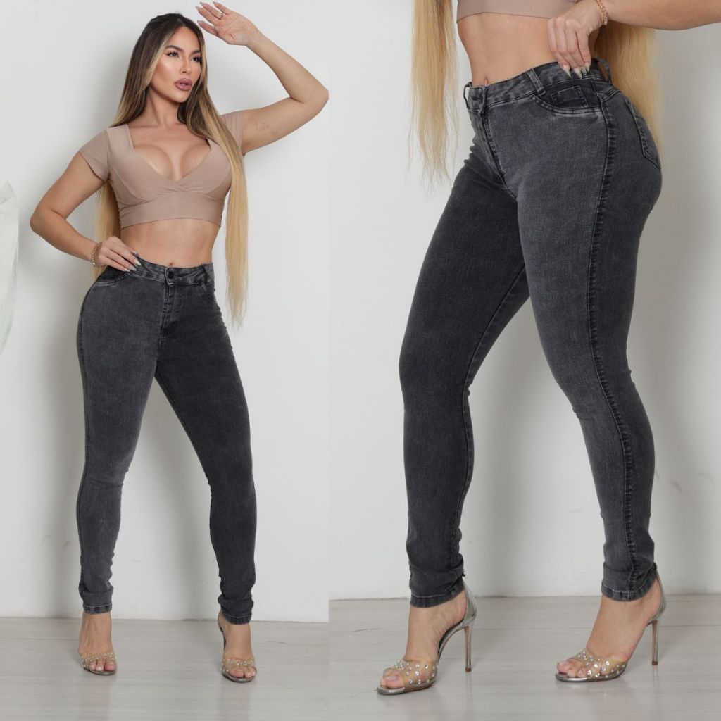 Calça Jeans Preta Marmorizada Grafit com Estilo Casual Básico Skinny