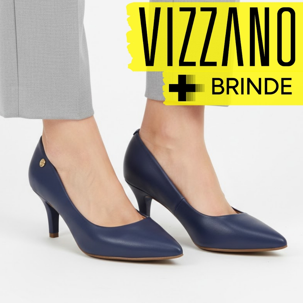 Sapato Feminino Scarpin Salto Baixo Vizzano Azul Marinho Pelica 1185.702