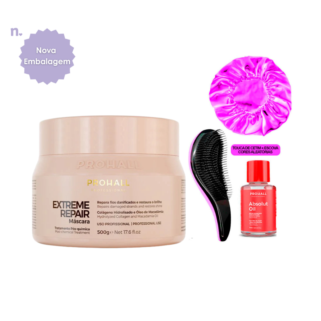 Máscara Extreme Repair Prohall 500g +Escova/Touca/Óleo7ml