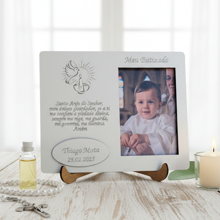 Kit 5 Mini Porta Retrato Batismo oração santo anjo em mdf branco com suporte