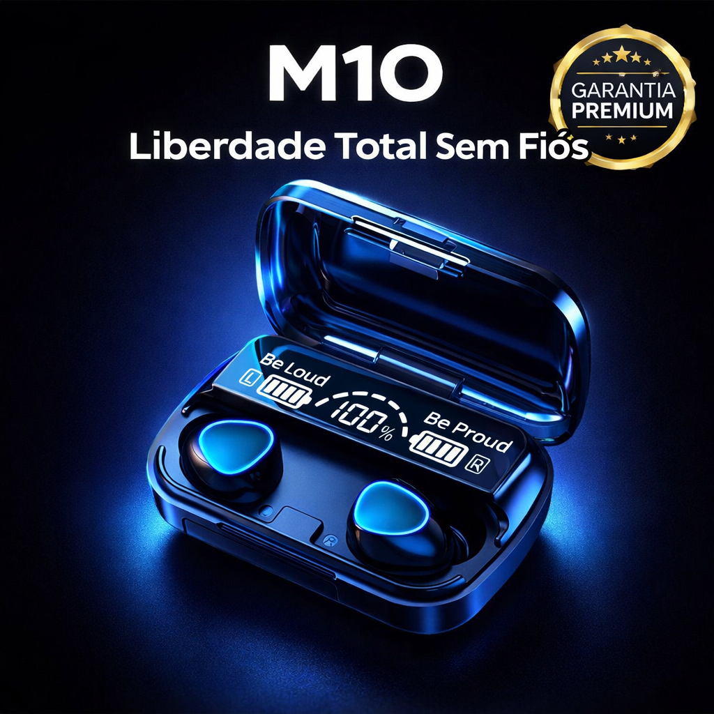 Fones de Ouvido M10 Sem Fio Bluetooth Intra-Auriculares 9D Estéreo c/ MIC Visor LED Redução de Ruído
