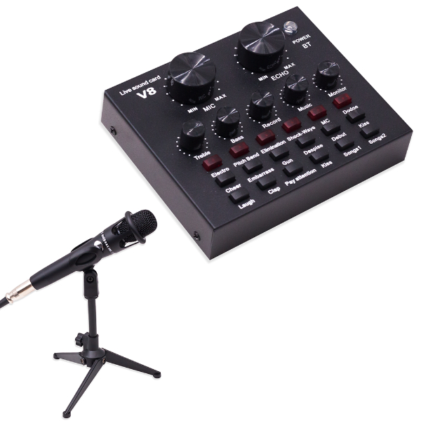 Kit De Mixer Com Placa de Som V8 E Microfone E300 Mini Mixer Karaoke Bluetooth Live Usb - Preto