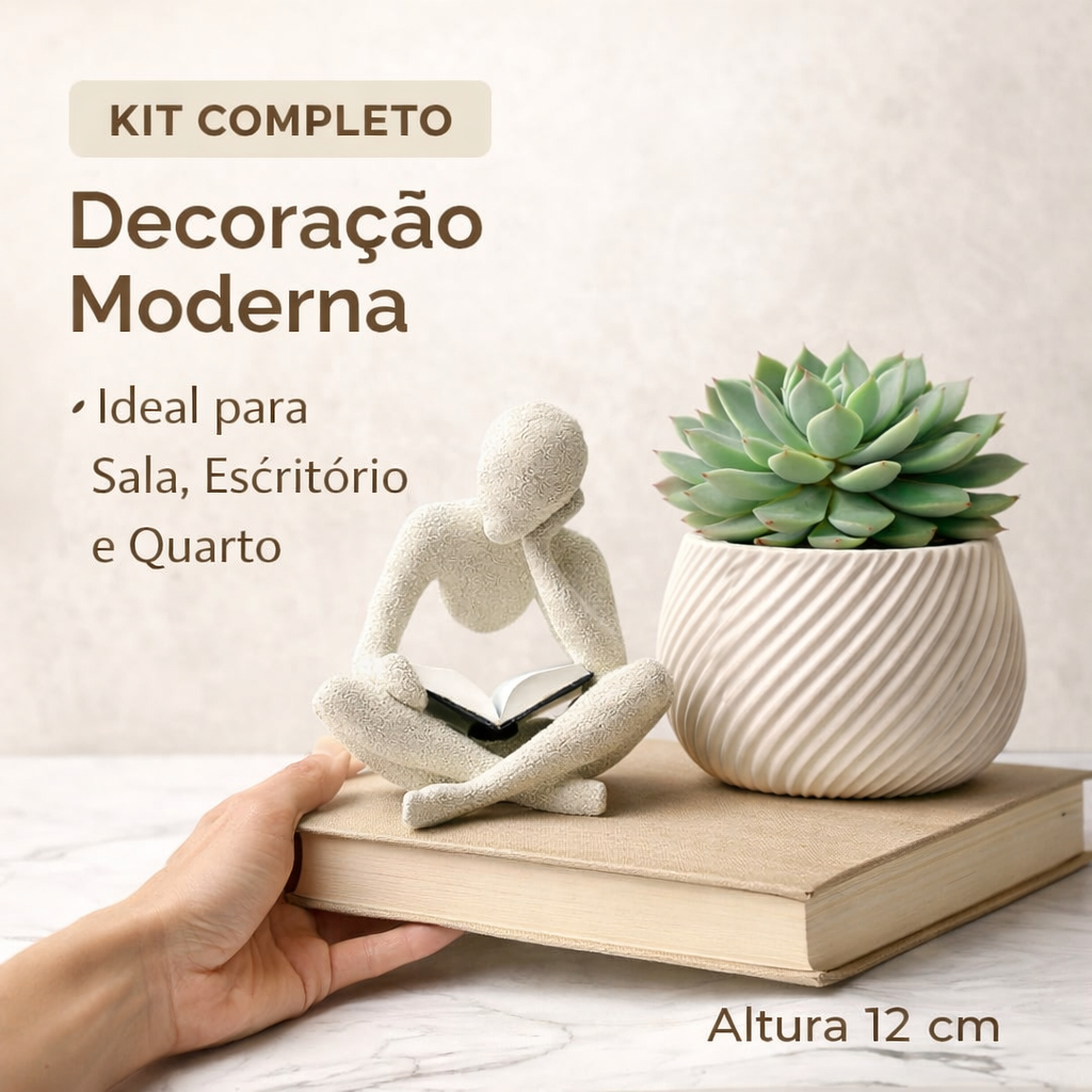 Kit Escultura/Estátua Decorativa Leitor+Vaso espiral - Decoração Moderna Sala/Escritório-Minimalista